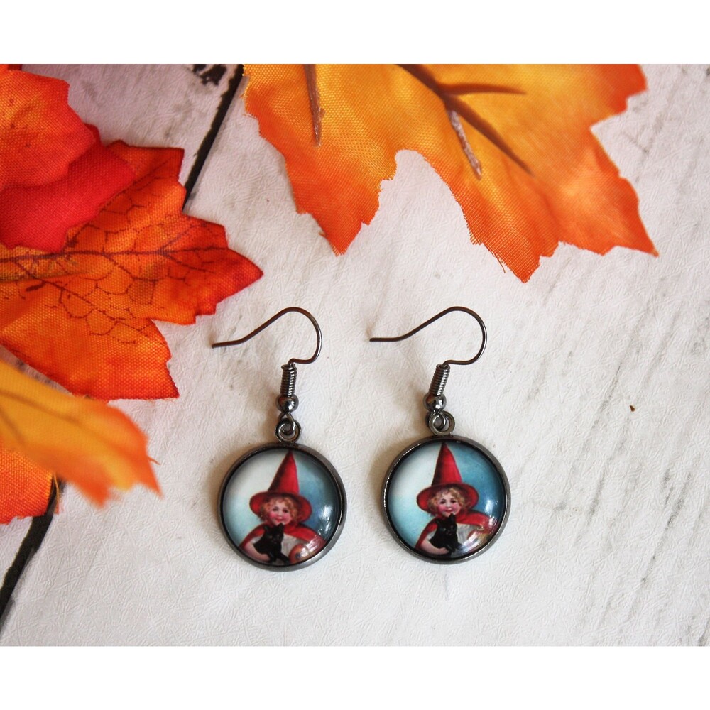 Vintage Inspired Halloween Earrings, Vintage Witch Dangles, Victorian Witch Blac